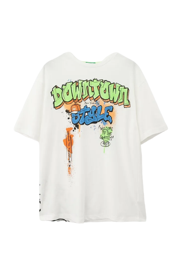 Benetton-Printed Crew Neck T-Shirt-White-10-11 Years