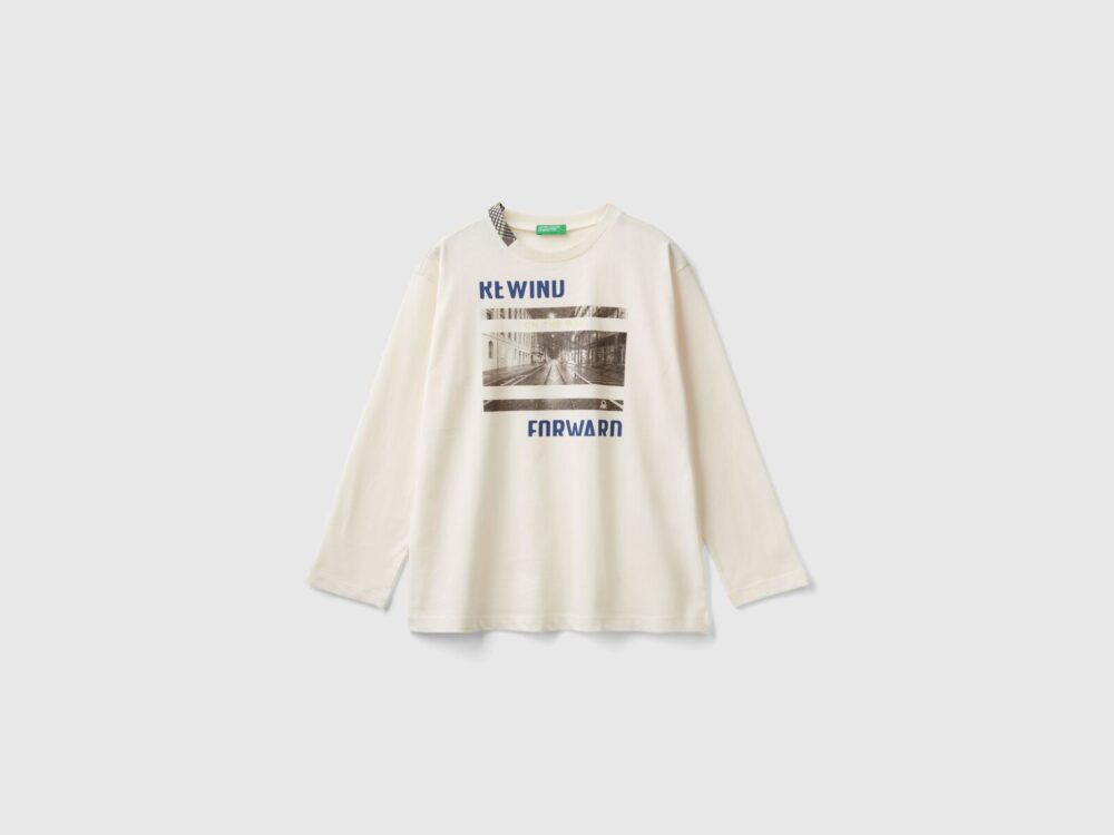 Benetton-Printed Long Sleeve T-Shirt-Beige-10-11 Years