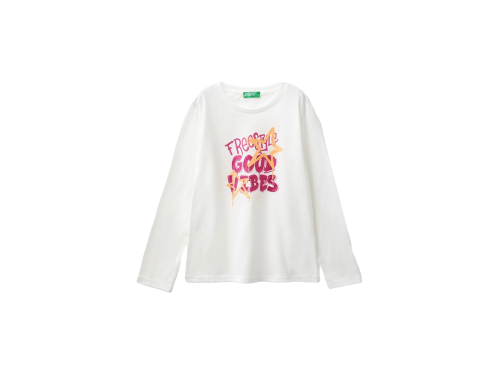 Benetton-Printed Long Sleeve T-Shirt-White-10-11 Years