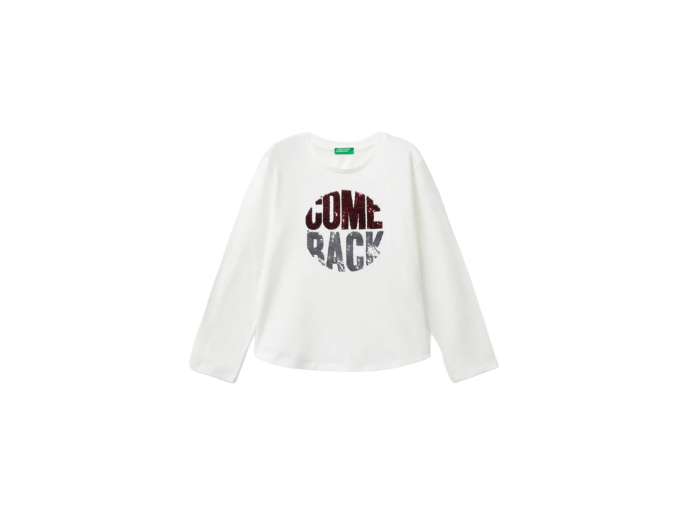 Benetton-Long Sleeve Sequin T-Shirt-White-10-11 Years