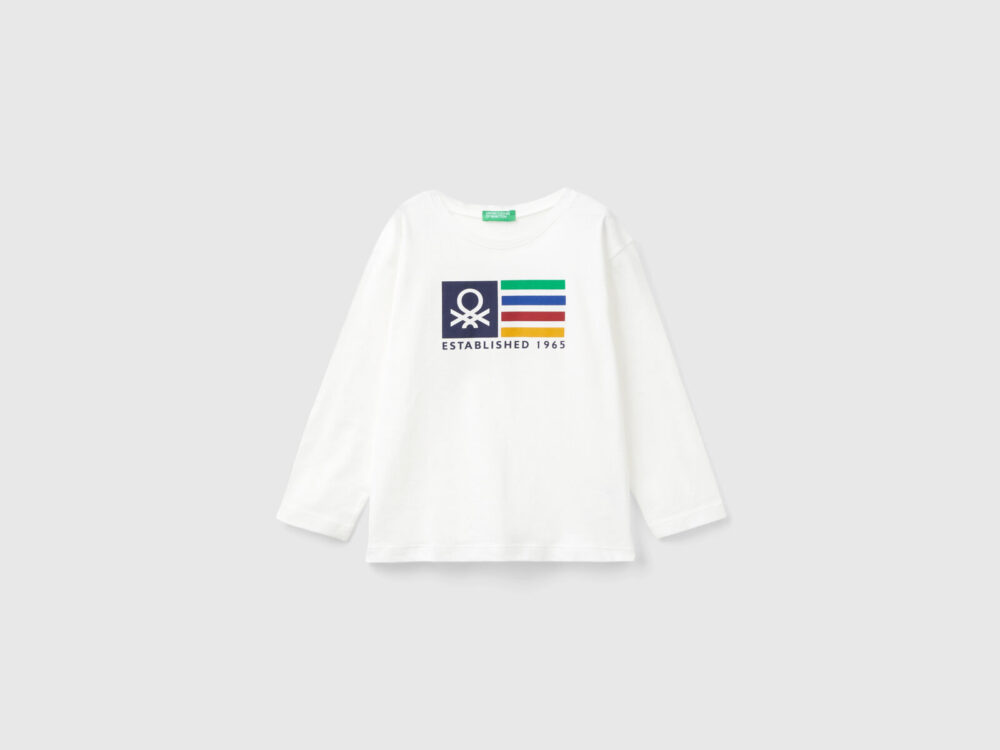 3I1XG10F2_074-1 Benetton-Printed Long Sleeve T-Shirt For Kids-White-5-6 Years