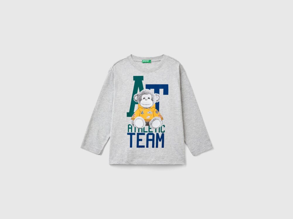 3I1XG10F3_501-1 Benetton-Printed Long Sleeve T-Shirt For Kids-Grey-5-6 Years