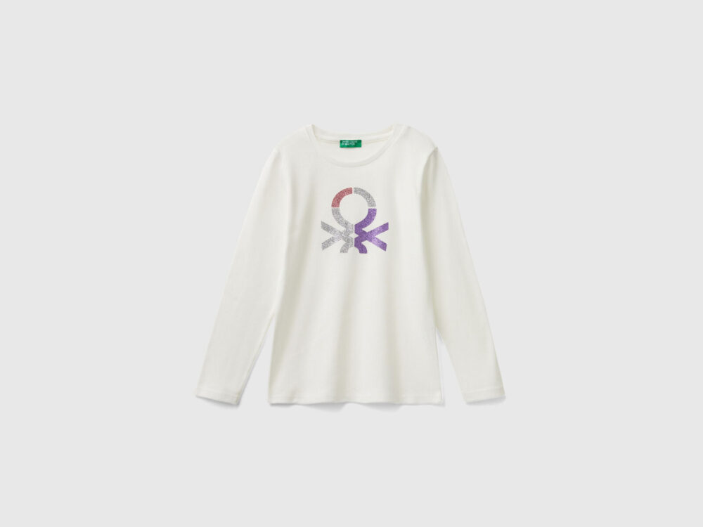 3I9WC10JR_074-1 Benetton-Glitter Printed Long Sleeve T-Shirt-Off-White-6-7 Years