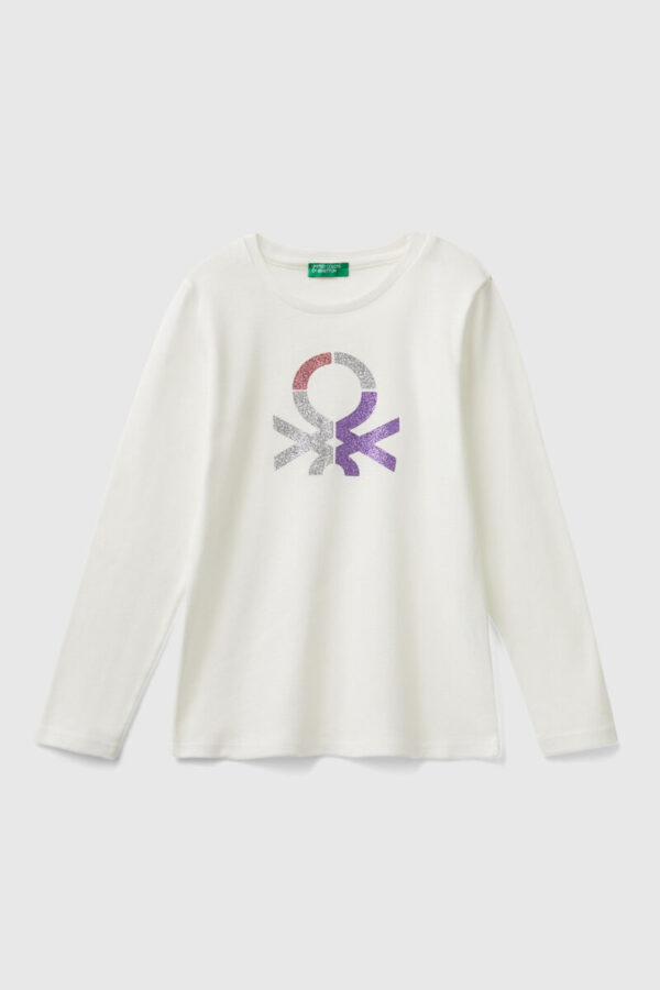 Benetton-Glitter Printed Long Sleeve T-Shirt-Off-White-6-7 Years