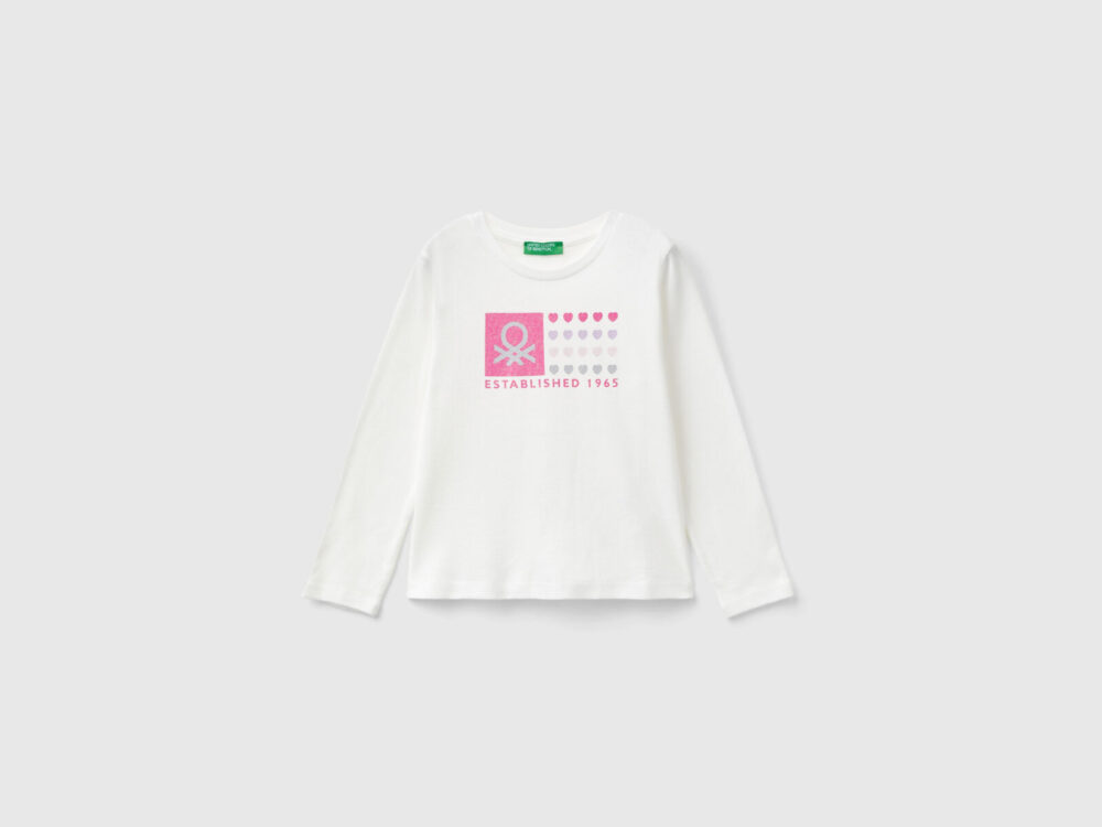 3I9WG10F7_074-1 Benetton-Long Sleeve Crew Neck T-Shirt-White-4-5 Years