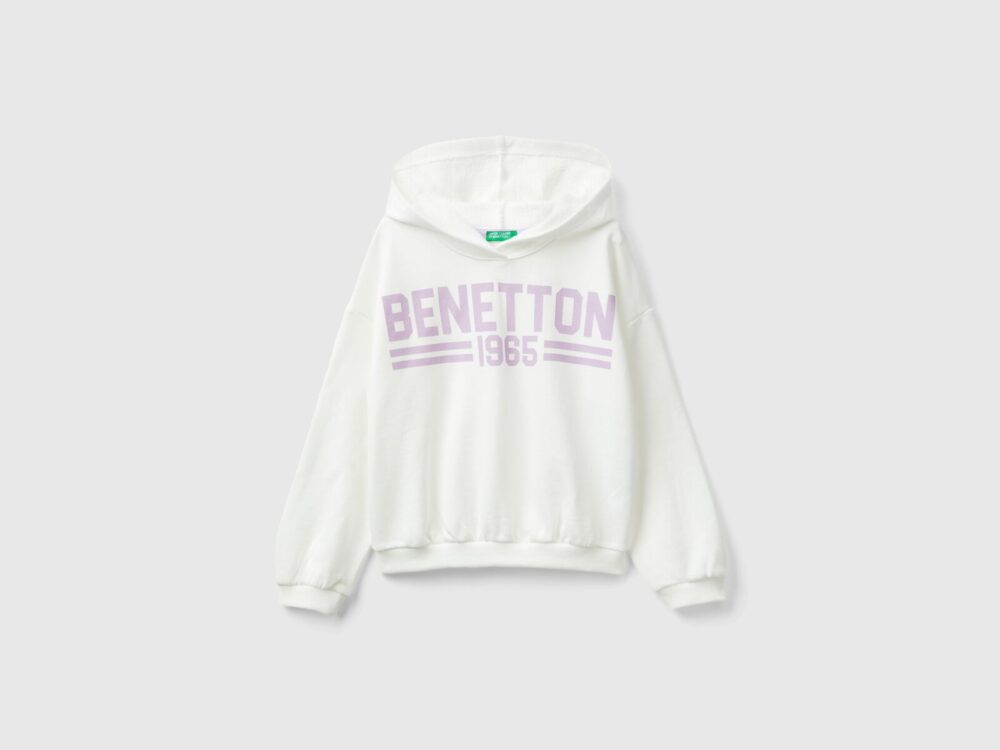 3J68C203Q_074-1 Benetton-Long Sleeve Hood Sweatshirt-White-6-7 Years
