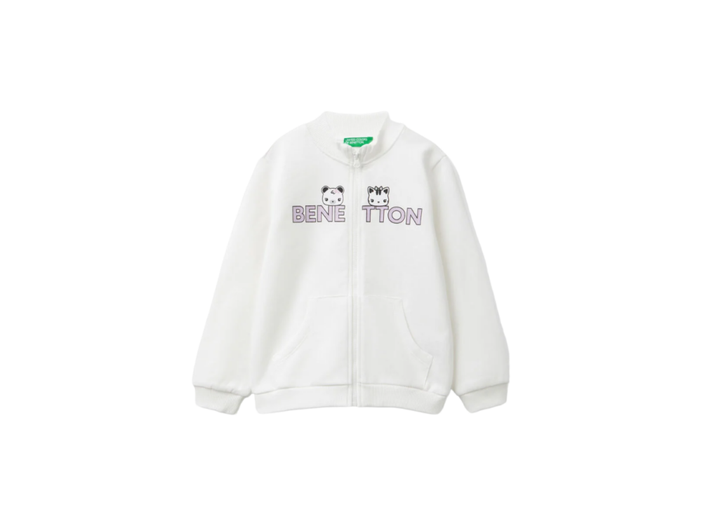 3J70G5037_074-1 Benetton-Logo Print Zip Long Sleeve Sweatshirt-Grey-3-4 Years