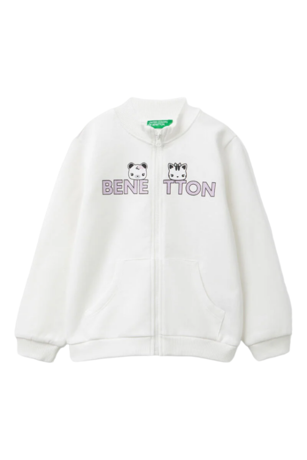 Benetton-Logo Print Zip Long Sleeve Sweatshirt-Grey-3-4 Years