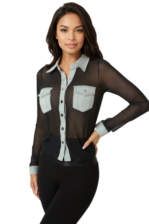 Bebe-Button Down Mesh Denim Top-Black / White-XL