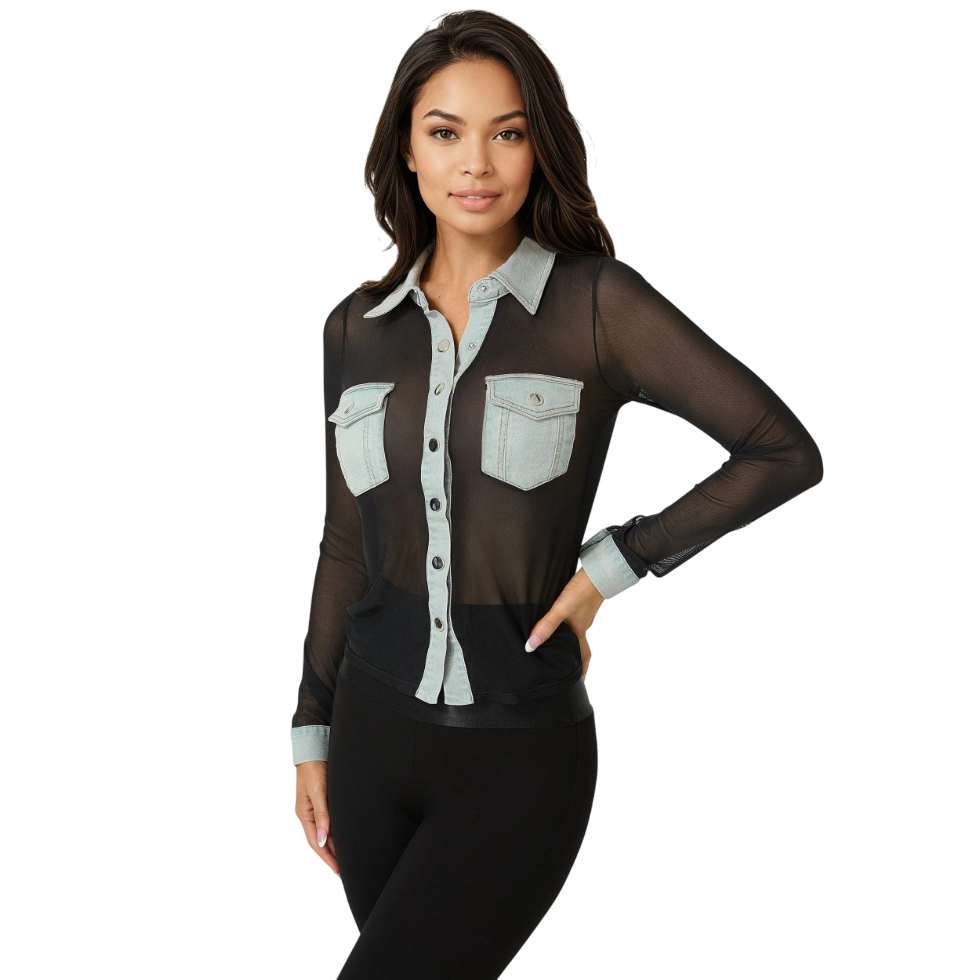7-SKL0233-BE-1-Photoroom Bebe-Button Down Mesh Denim Top-Black / White-XL