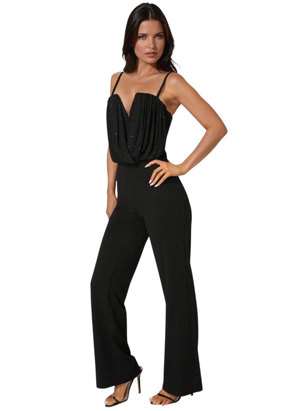 7SKG0176BEBLKXS-214 Bebe-Embellished Flared Leg Jumpsuit-Black-XS