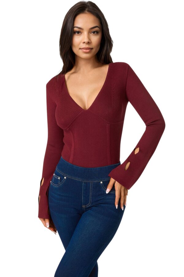 Bebe-Cut Out Sleeve Detail Sweater-Burgundy-XS