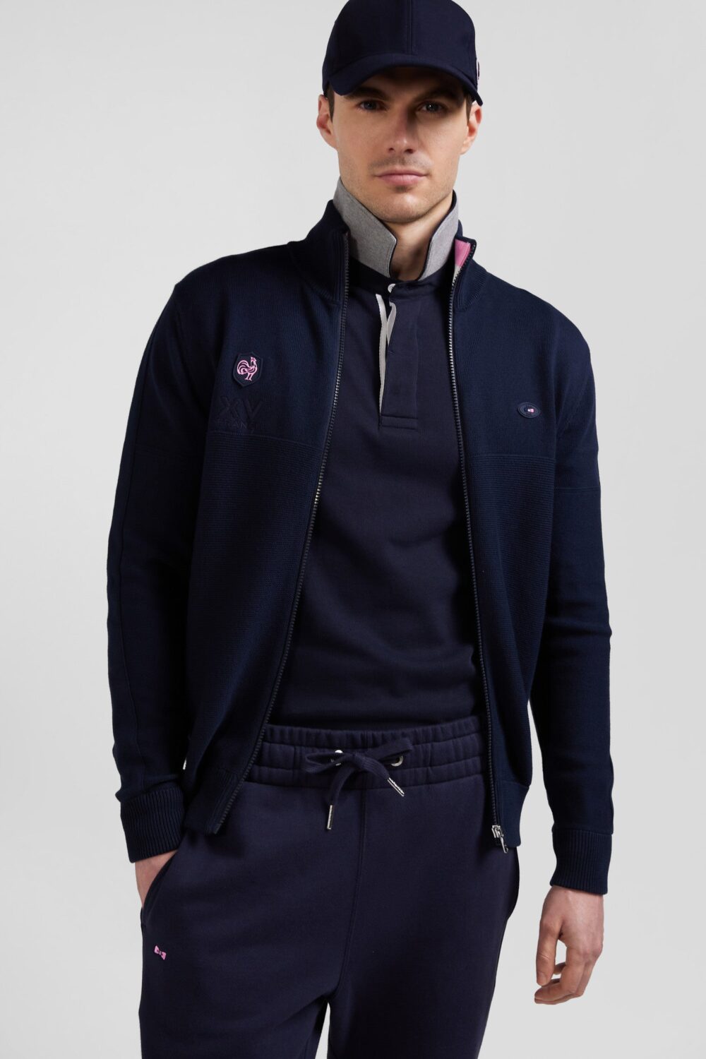 H24MAICA0027_BLF-1 Eden Park-Regular Fit Zipped Cardigan With Rubber Badge And Tricolor-Navy Blue-M