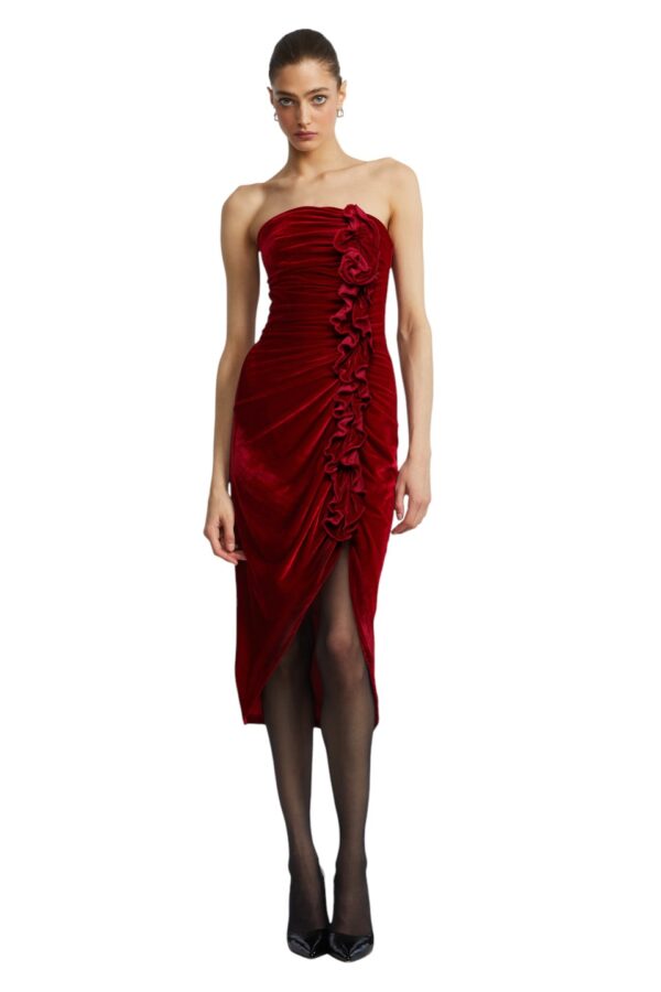BCBGMAXAZARIA-Strapless Velvet Ruffle Dress-Red-2