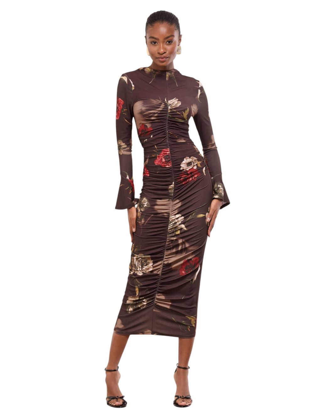 127 -Lipsy Chocolate Brown Floral Long Sleeve Ruched Jersey Bodycon Dress-Brown-10