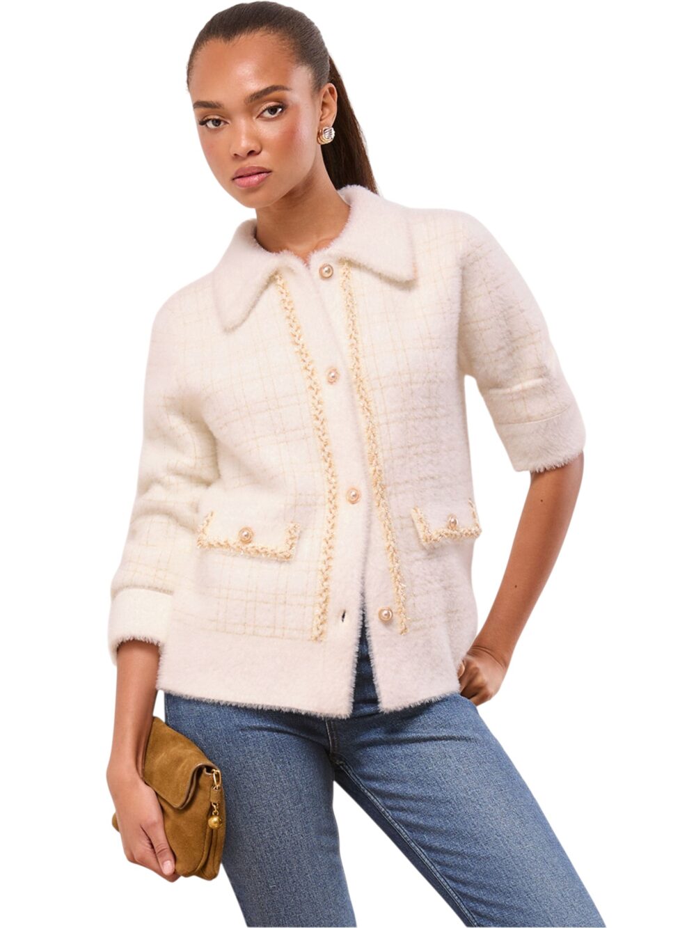 -Lipsy White/Gold Check Brushed Eyelash Collared Knitted Cardigan Jacket-Cream-10