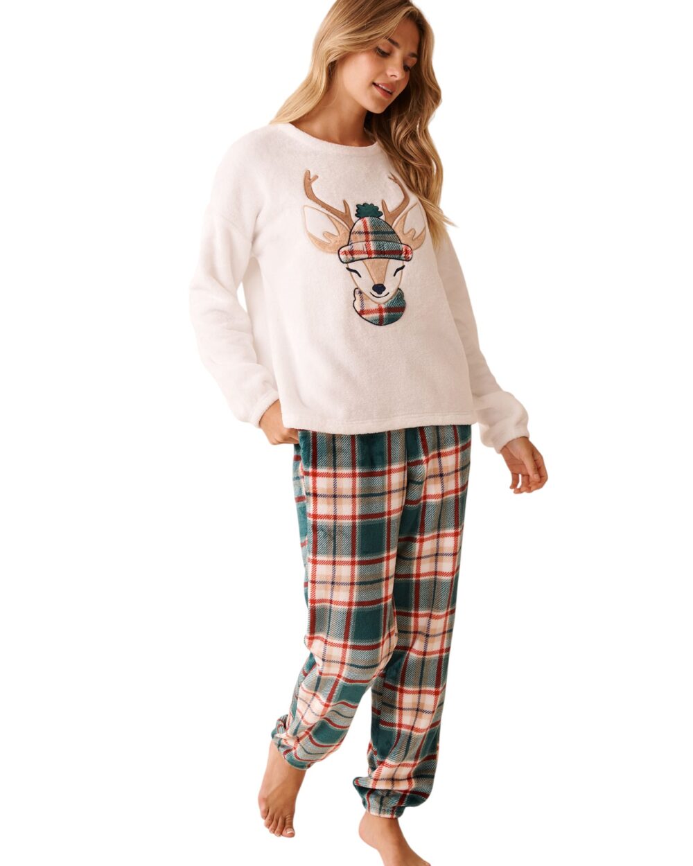 La Vie En Rose-Deer Print Soft Plush PJ Set-Green-XS