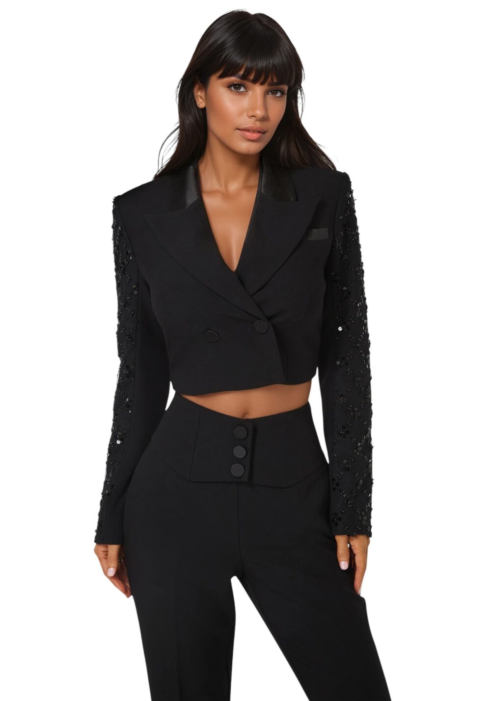 Bebe-Tailored Beaded Sleeves Cropped Blazer-Black-2