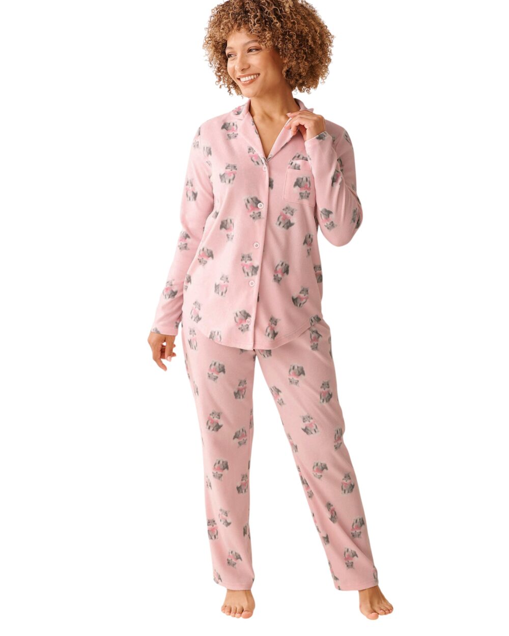 La Vie En Rose-Cat Print Micropolar PJ Set-Pink-XS
