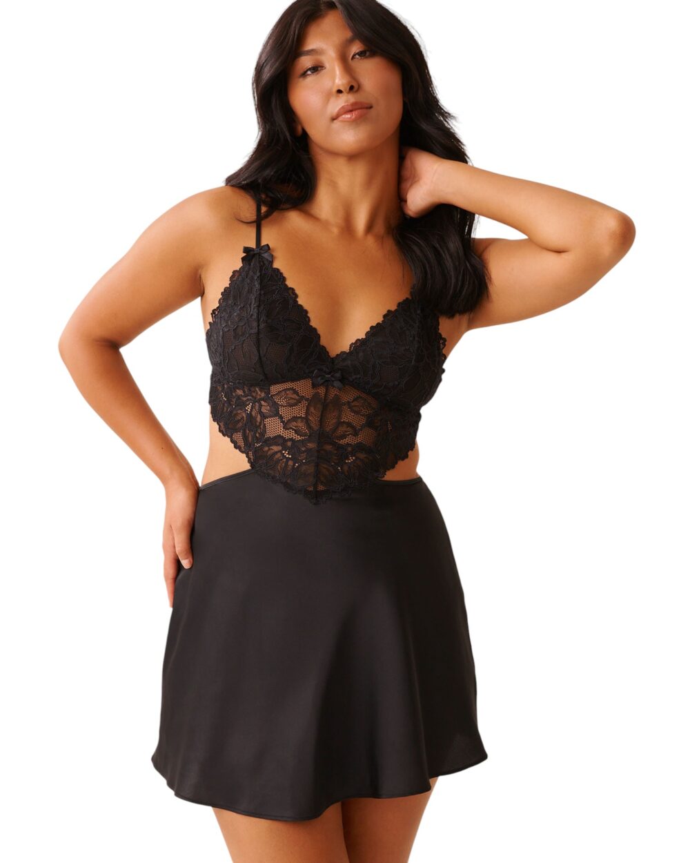 La Vie En Rose-Lace and Satin Nightie with Cut-out-Black-XL