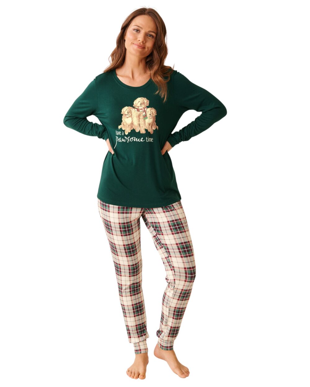 La Vie En Rose-Dog Print Long Sleeve PJ Set-Green-XS