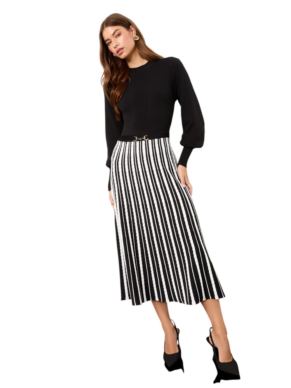 99 -Lipsy Black/White Gold Snaffle Trim Crew Neck Long Sleeve Stripe Patterned Knitted Midi Dress-Black / White-10