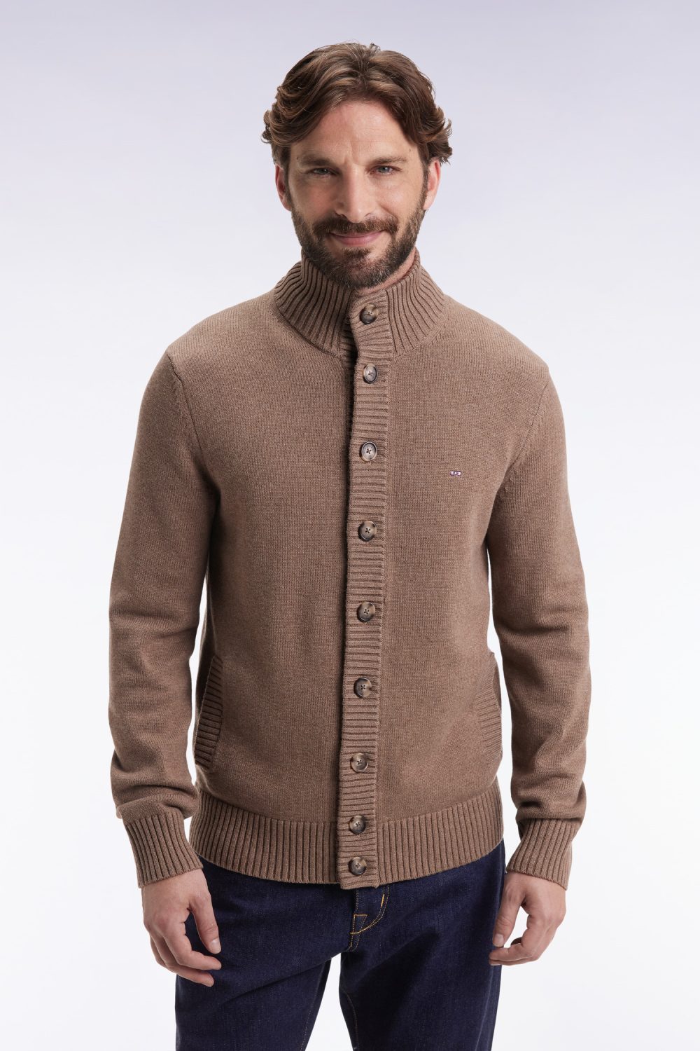 Eden Park-Camel wool and cotton high-neck cardigan-Brown-XL