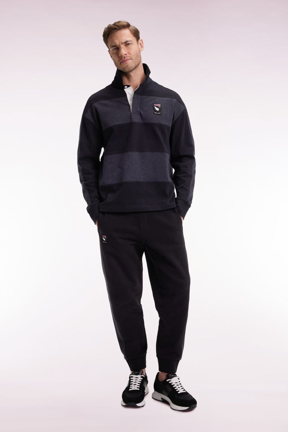 Eden Park-Black brushed fleece joggers with striped pocket inserts in a relaxed fit-Black-XL