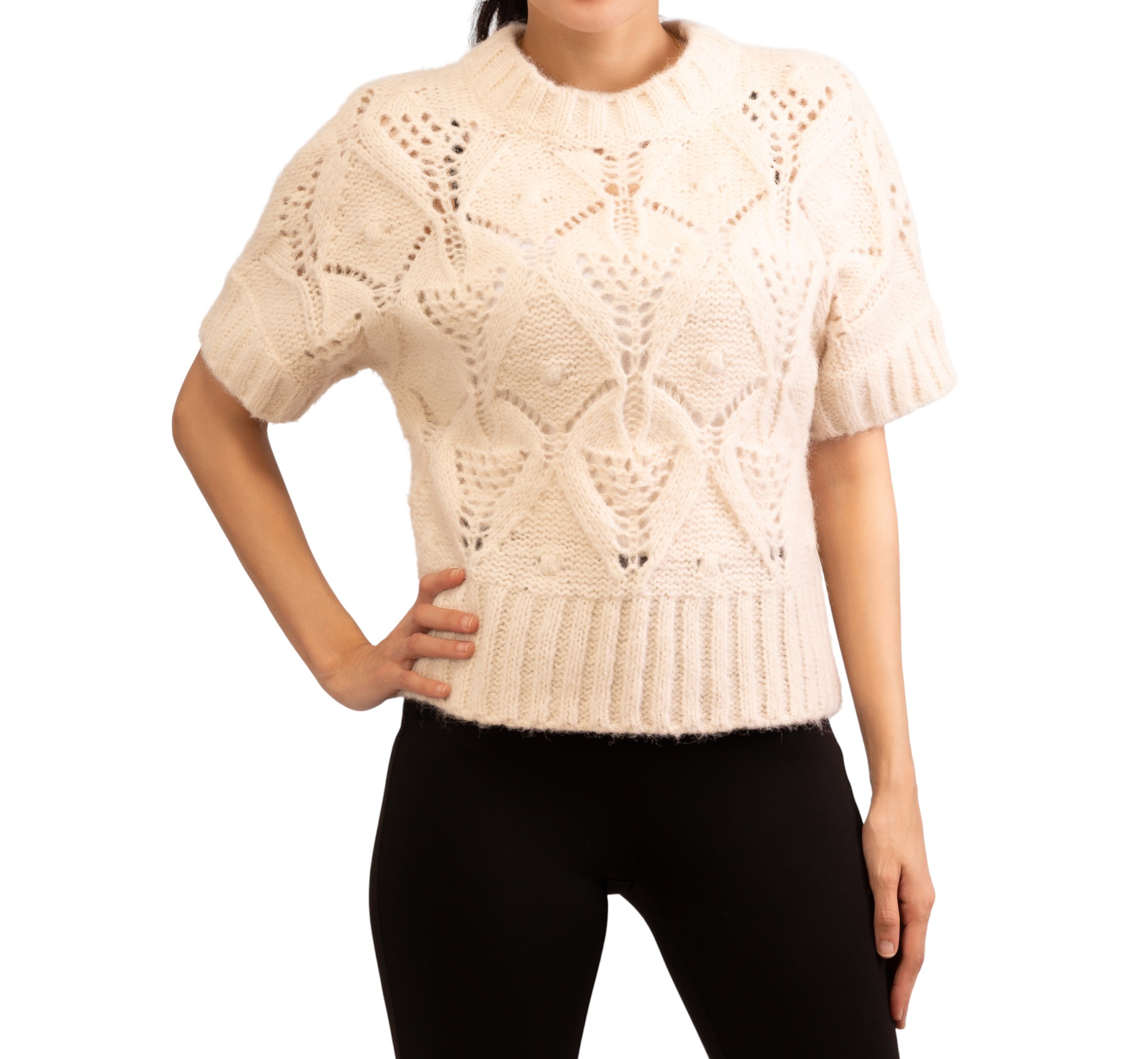 1322085702420151 Promod-Women's Cream Short Sleeve Pointelle Knit Sweater-Beige-20