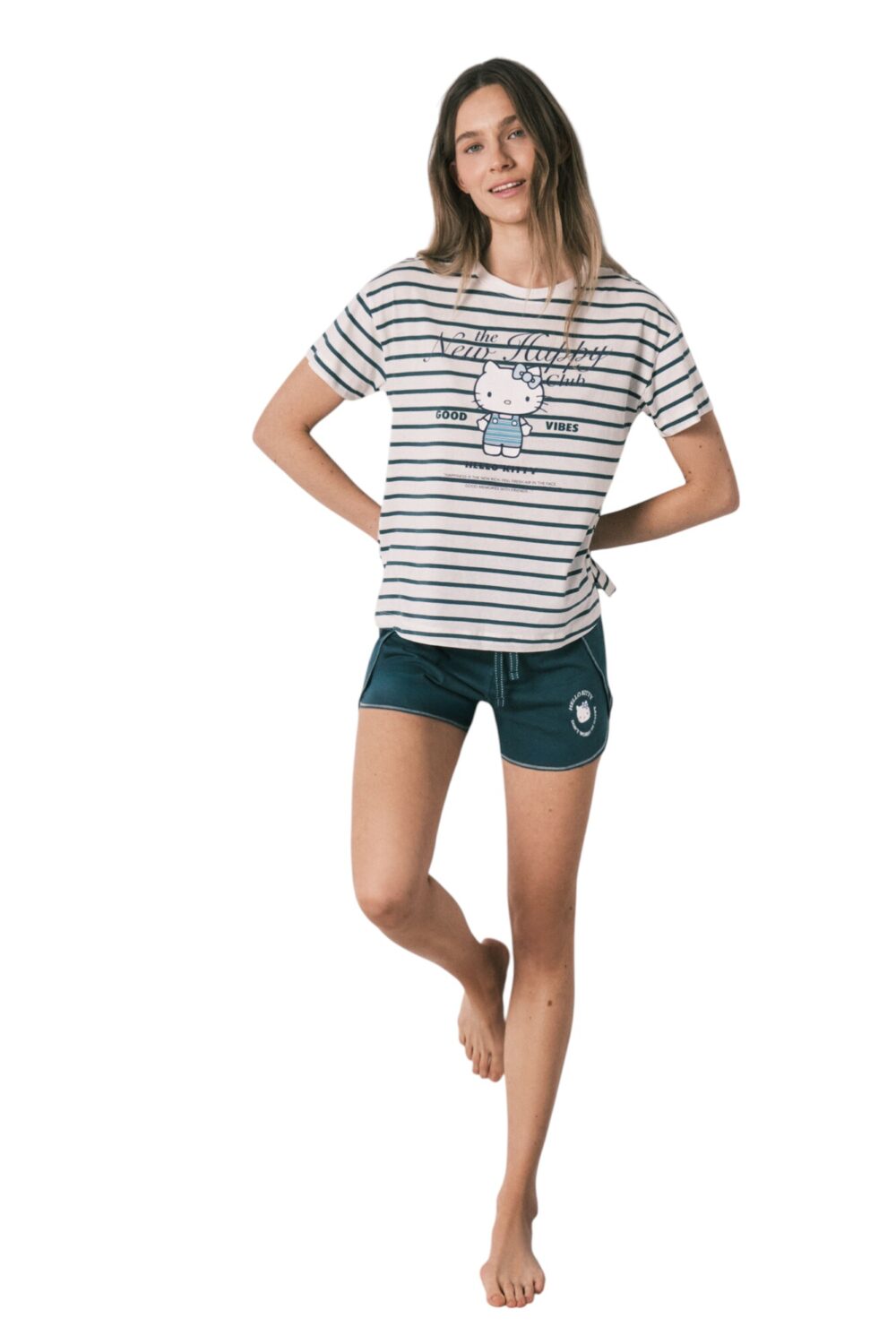 169 Women Secret-Hello Kitty striped short pajamas-Green-XXL