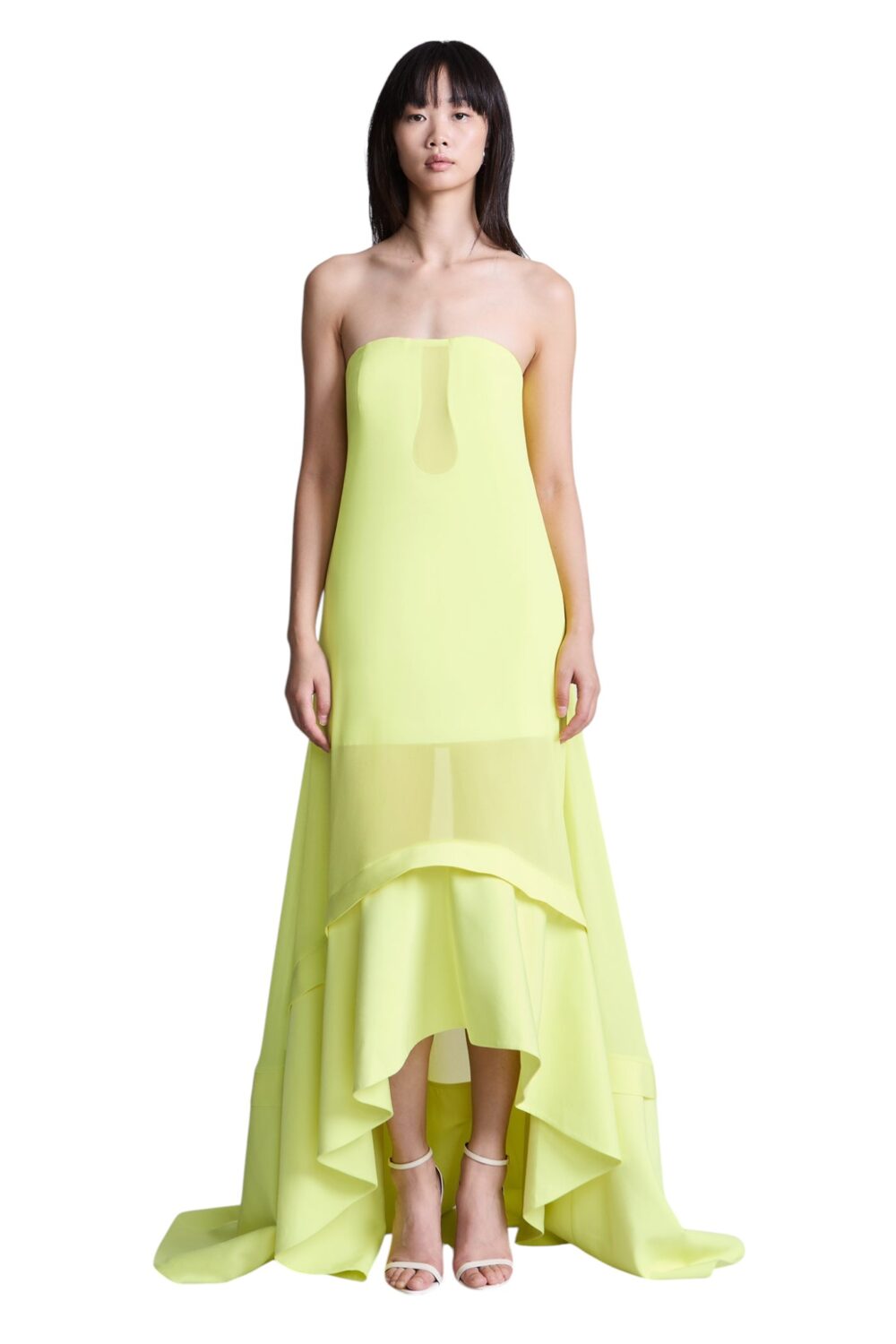 127 BCBGMAXAZARIA-Farrah Gown Sheer chartreuse chiffon crafted with a luminous
