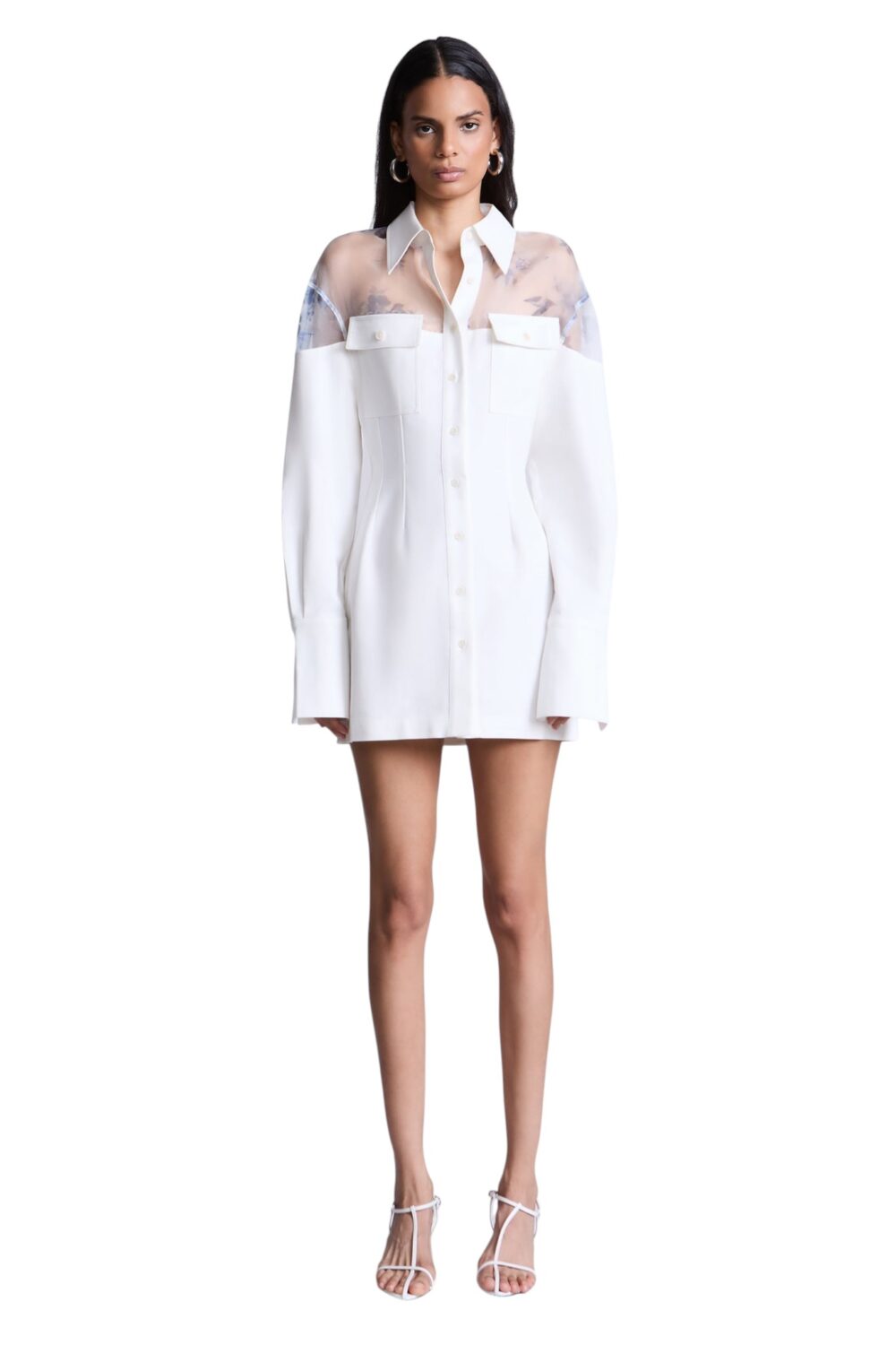 BCBGMAXAZARIA-Patricia Printed Mixed-media shirt dress that uses sheer contrast to create the illusion of layering.-White-8