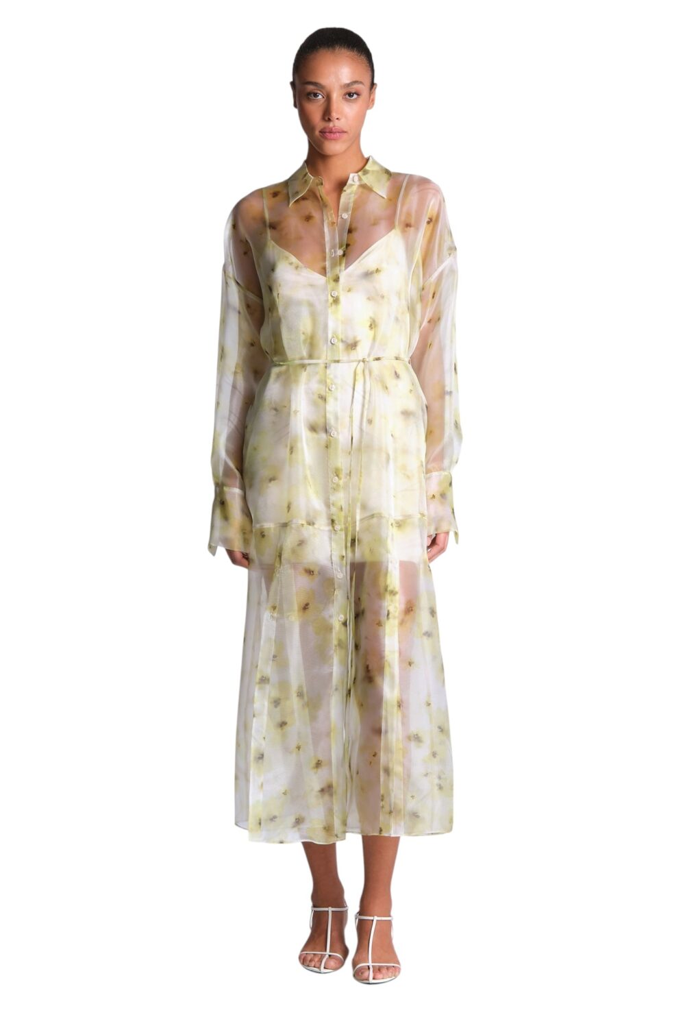 BCBGMAXAZARIA-Monica Printed Sheer printed shirt dress in airy organza with a soft fluid drape.-Green-XS