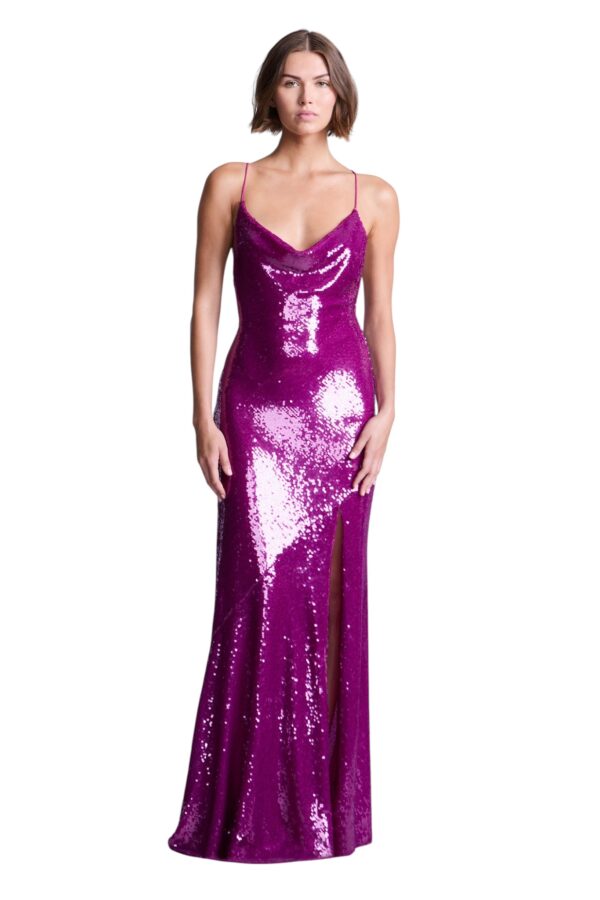 BCBGMAXAZARIA-Kimberly Fuchsia sequin gown crafted with a saturated