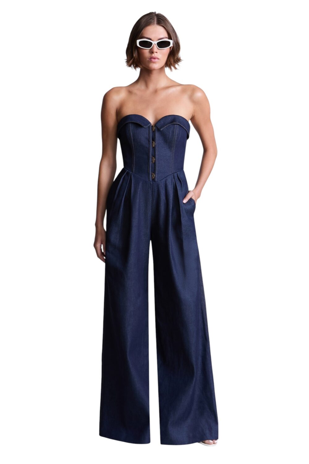 BCBGMAXAZARIA-Savannah Strapless denim jumpsuit with a sculpted corset-inspired bodice-Blue-8