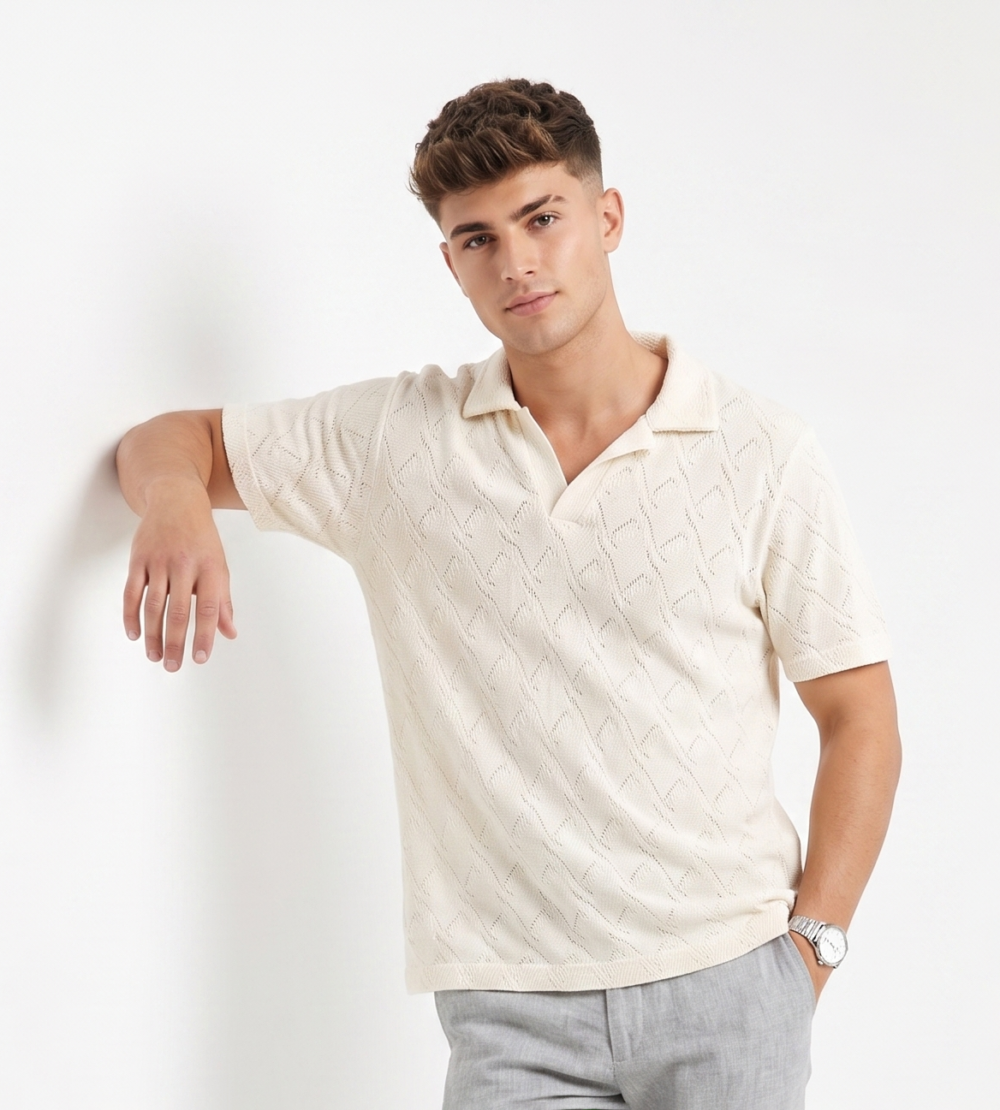 FOREVER 21-Geometric Diamond Knit Open-Collar Polo Shirt-White-S