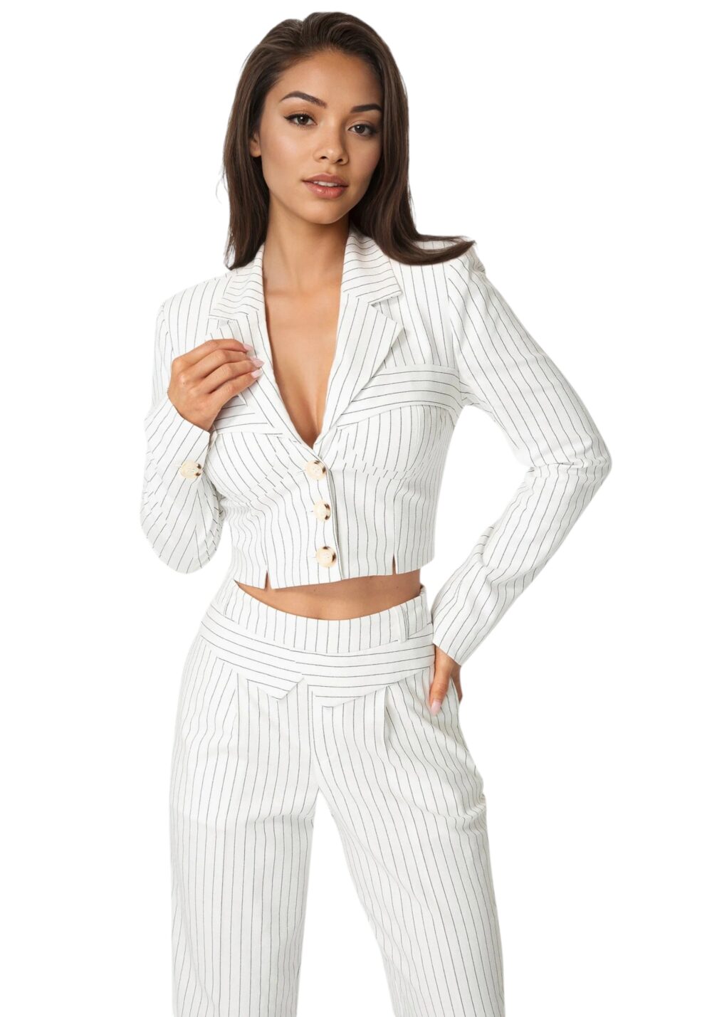Bebe-Tailored Cropped Pinstripe Blazer-White-XL