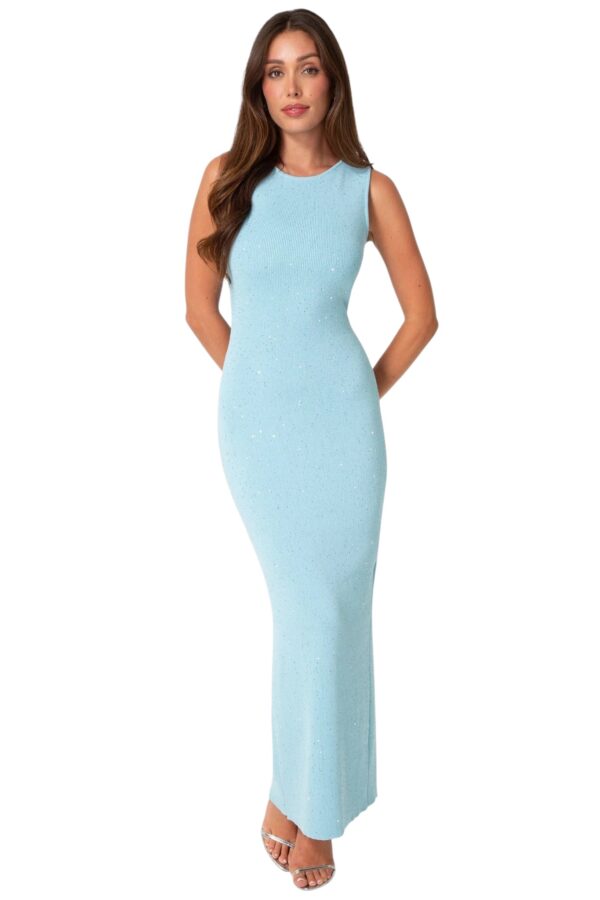 Bebe-Boatneck Lurex Crochet Maxi Dress-Light Blue-XL