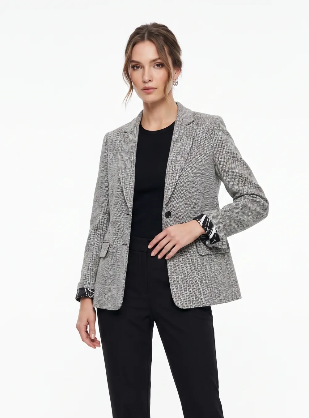 1 Bebe-Women's Herringbone Single-Breasted Blazer – Tailored Printed-Lined Jacket-Multicolour-XL