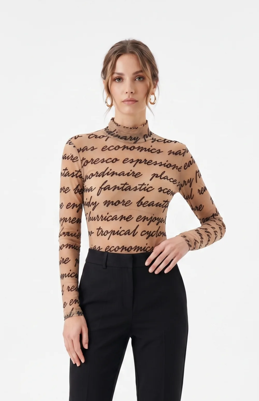 Bebe-Women's Script Print Sheer Mesh Top – High-Neck Cursive Typography Bodysuit-Multicolour-XXL