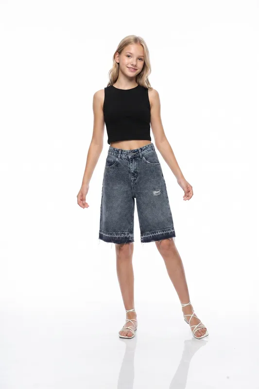 1 Forever 21-Girls' Distressed Longline Denim Bermuda Shorts-Blue-28